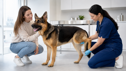Veterinarian gently assessing a German shepherd for hip mobility