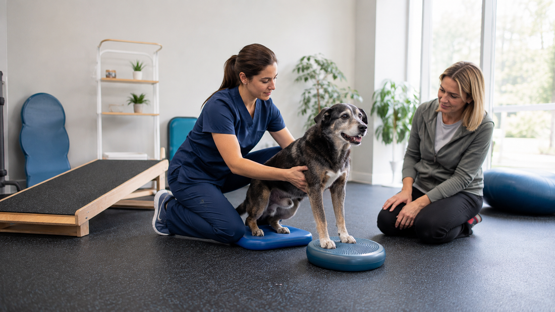 Senior dog performing a gentle mobility exercise with veterinary supervision