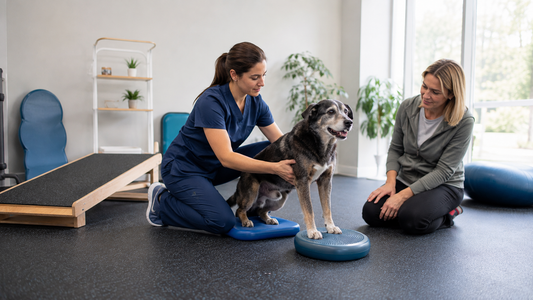 Senior dog performing a gentle mobility exercise with veterinary supervision