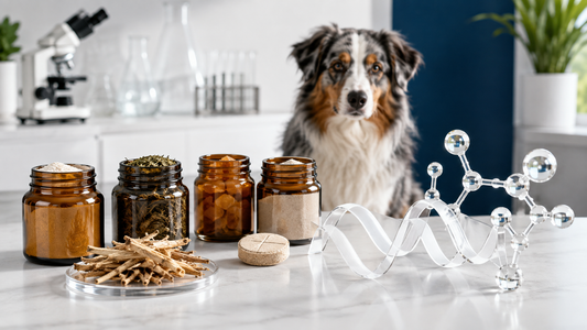 Scientific editorial image representing dog joint supplement ingredients