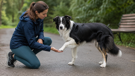 Owner gently checking a border collie with a lifted front paw
