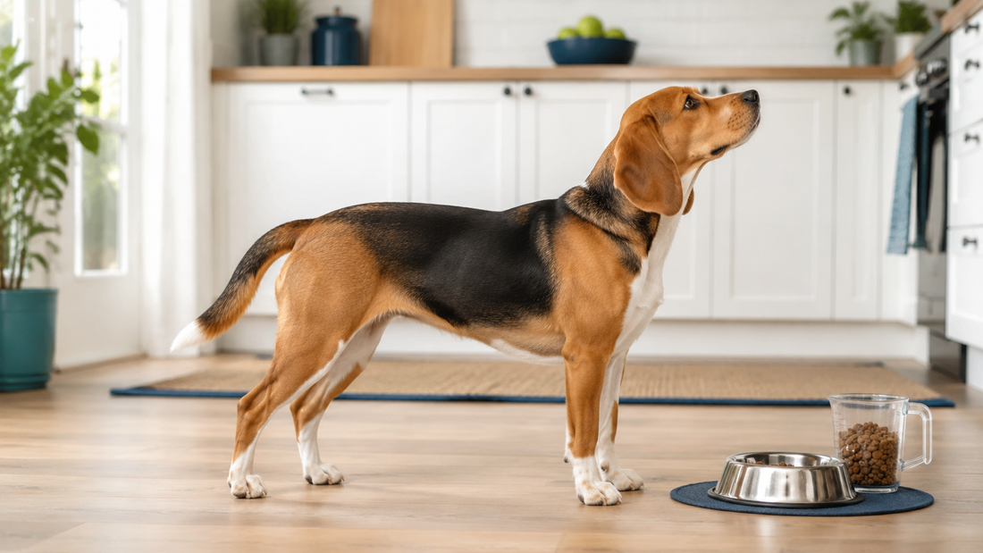 Lean healthy beagle beside a measured meal for weight and dog joint health