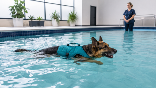 German shepherd swimming during supervised low-impact exercise