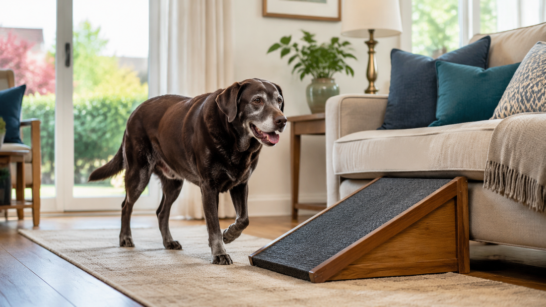 Senior Labrador beside a nonslip pet ramp in a mobility-friendly home