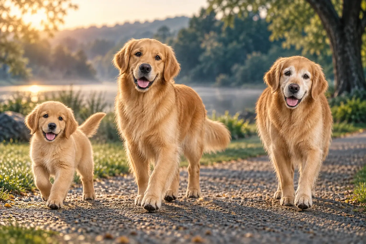A golden retriever shown naturally outdoors as a puppy, active adult, and senior dog